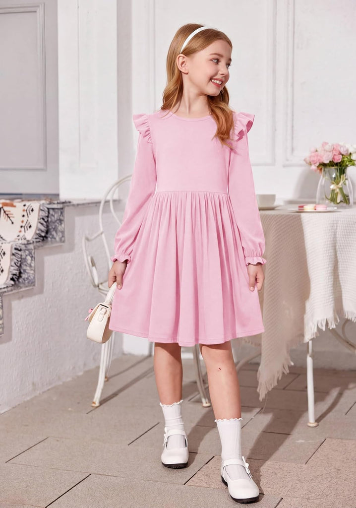 Girl Dress Puff Long Sleeve Fall Cotton Dresses with Pocket