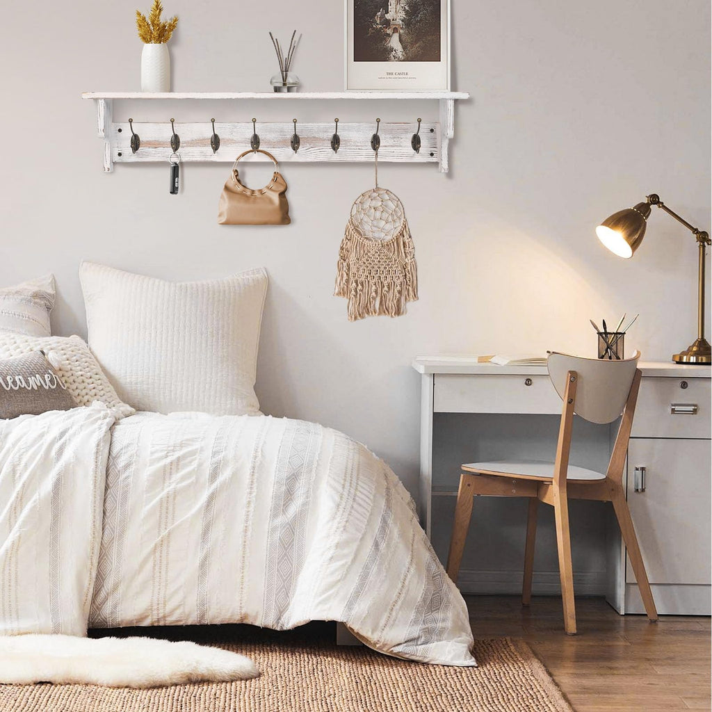 35.8'' Large Wood Coat Rack Wall Mount with Shelf, White Wall Coat Rack with 8 Sturdy Metal Hooks, New Zealand Solid