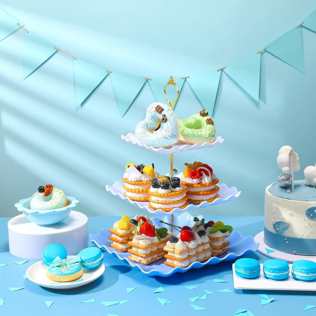 Scalloped Cupcake Stand Dessert Plates Plastic Square Tiered Serving Stand Display Tower for Wedding, Birthday - Set of 2