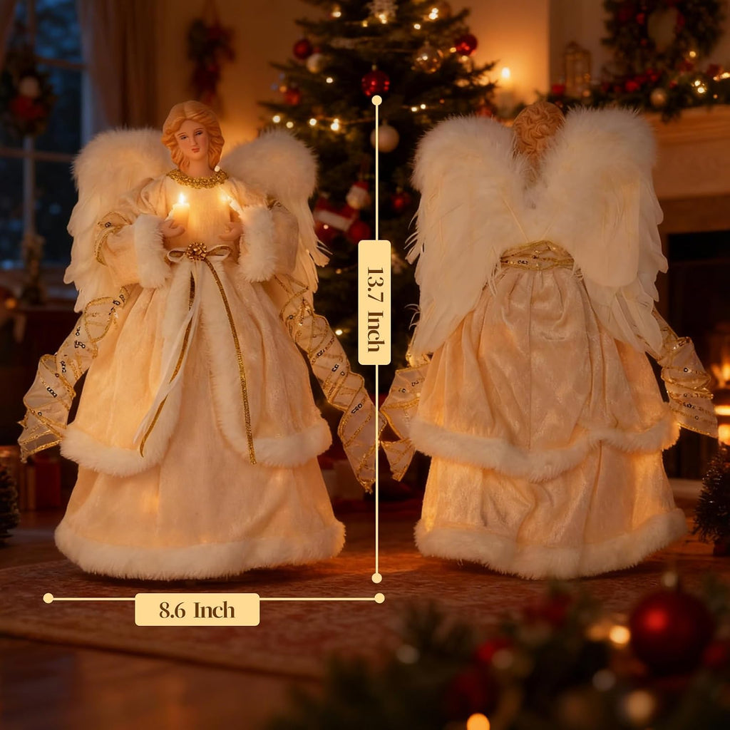 Angel Christmas Tree Topper, 13.7 Inch Angel Tree Topper with Lights, Christmas Tree Topper with White Feather Wings