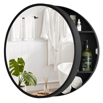 20 Inch Round Black Medicine Cabinet with Mirror, Modern Wall Mounted Vanity Cabinet, Circle Bathroom Mirror with
