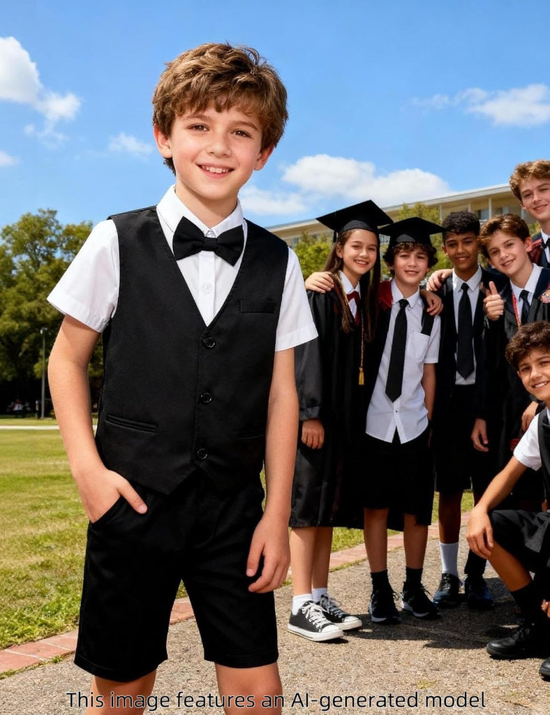Boys Short Suit Formal Outfit 4pcs Vest, Shirt, Bow Tie