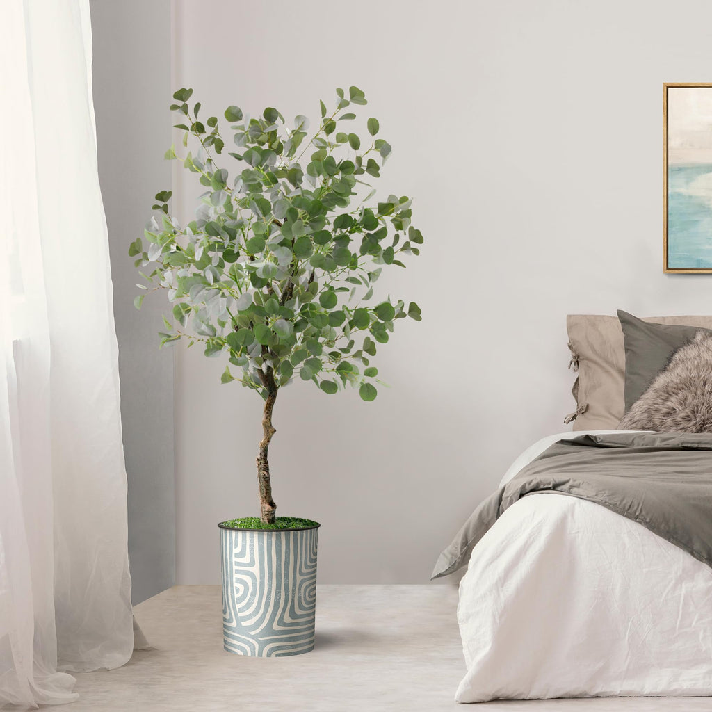 Artificial Tree in Geometric Pattern Planter, Fake Eucalyptus Silk Tree for Indoor and Outdoor Home Decoration - 57"