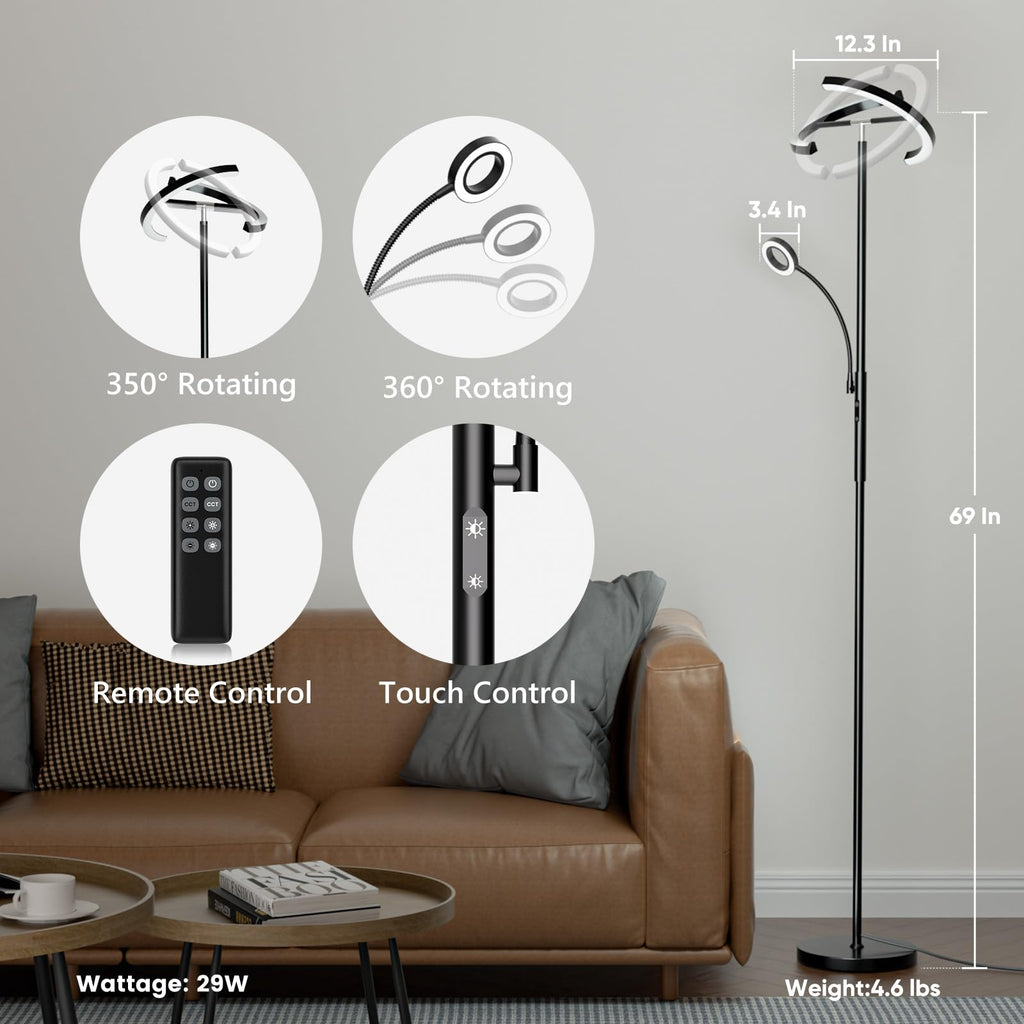 LED Floor Lamp - Modern Standing Lamp with Reading Light, Remote Touch Control Floor Light Dimmable Mother-Daughter