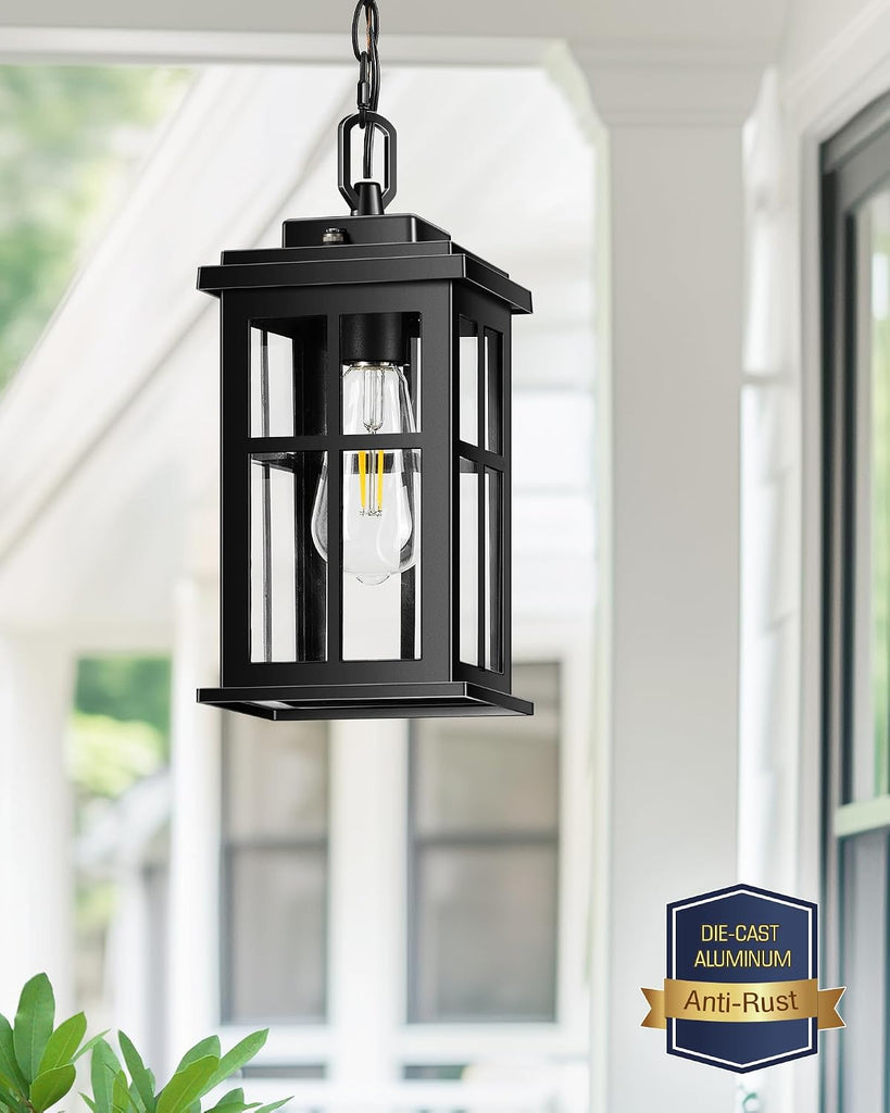 Black Dusk to Dawn Outdoor Pendant Light, Modern Hanging Light Fixture with Tempered Glass
