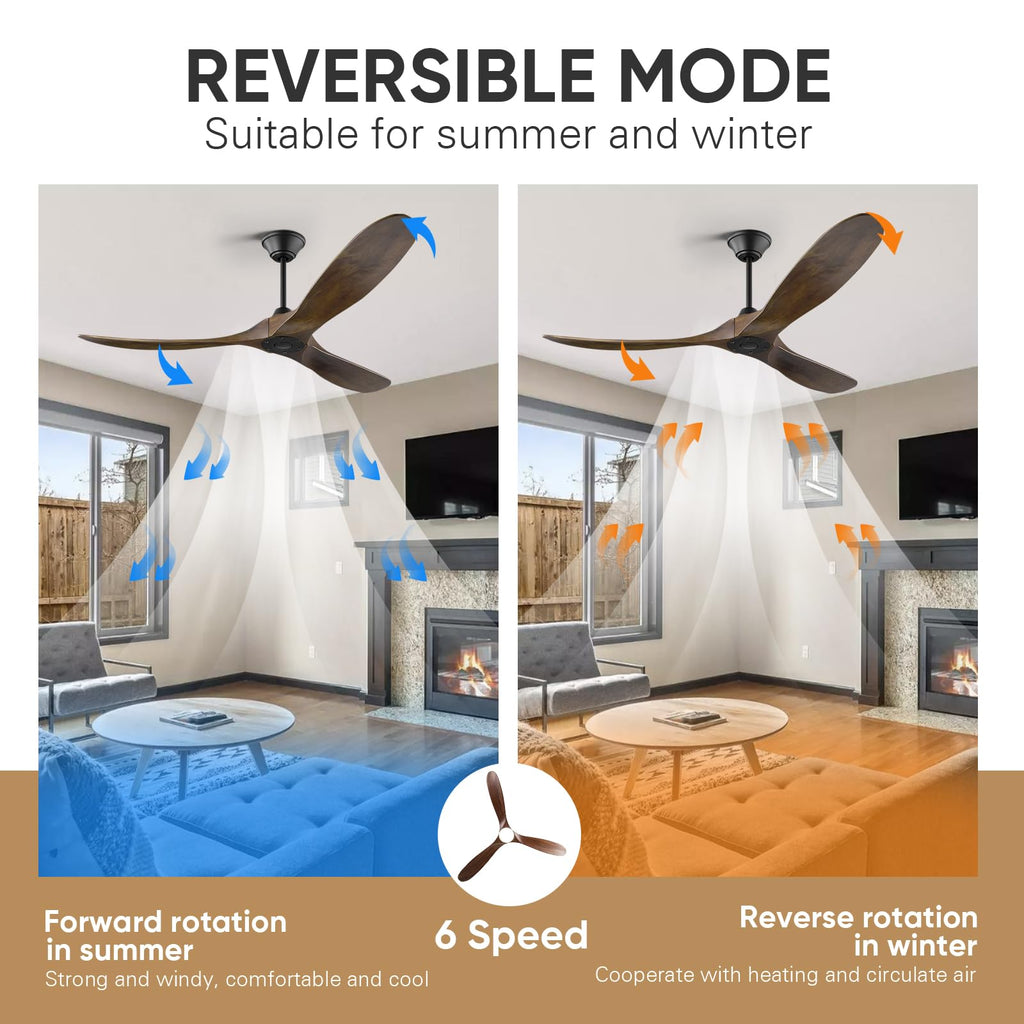 60 Inch Outdoor Ceiling Fan without Light with Smart Control, Large 3 Blade Propeller Wood Ceiling Fans s, Farmhouse