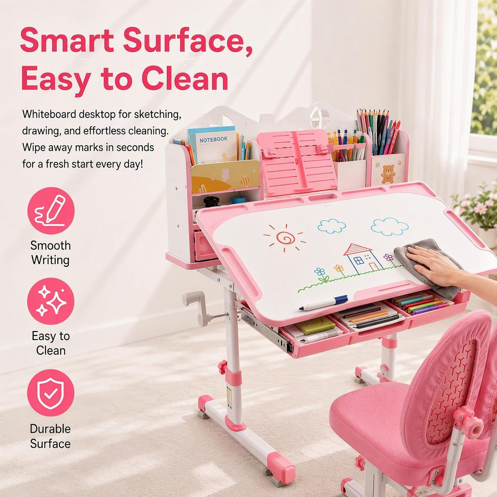 Kids Study Desk and Chair Set with Drawers, Adjustable Height Desk,Pink