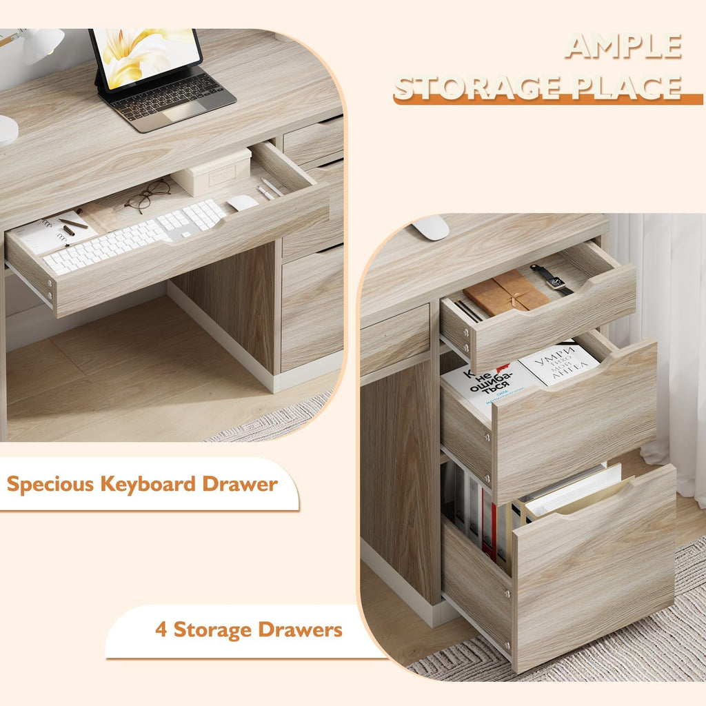 48 Inch Computer Desk with 4 Drawers, Natural Oak