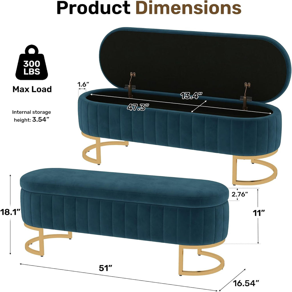 51" Velvet Storage Ottoman Bench End of Bed Entryway Dark Blue | Velvet Large Storage Solid Wood with Metal Leg 300