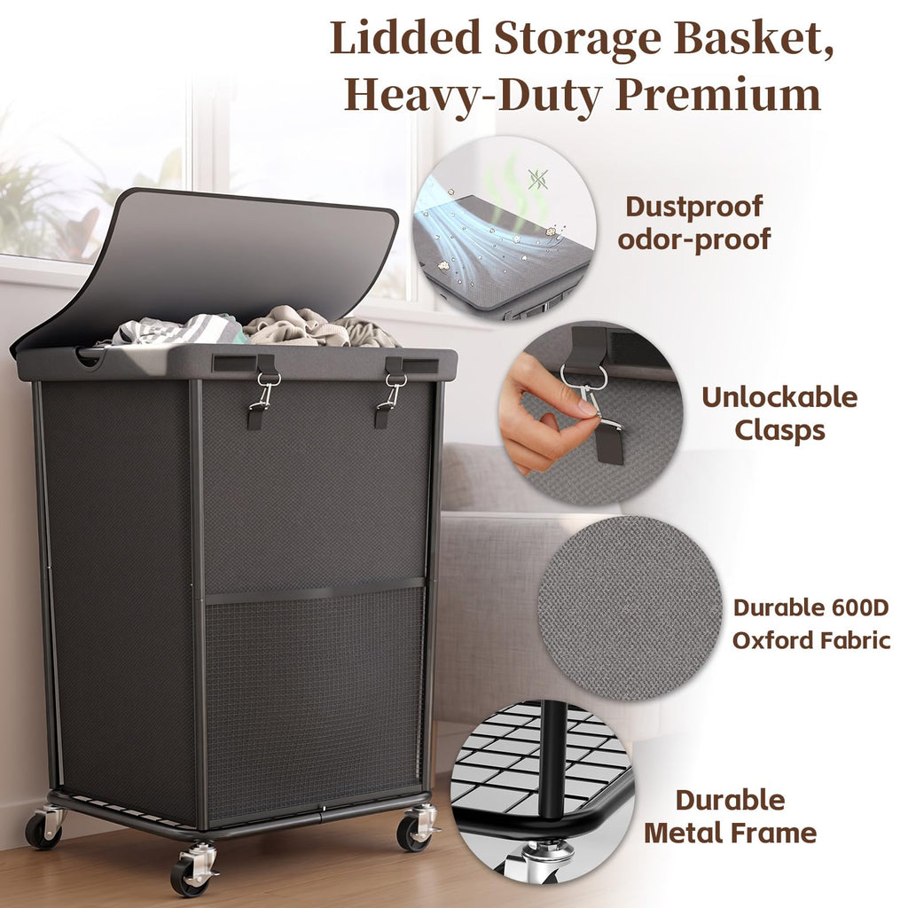 Hamper with Wheels and Lid, 150L Large Rolling Laundry Basket Gray