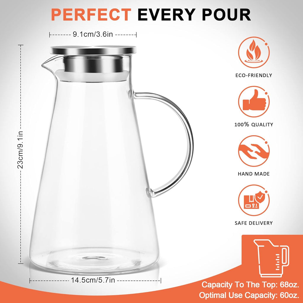2.0 Liter 68oz Glass Pitcher with Lid, Easy Clean Heat Resistant Glass Water Carafe with Handle for Hot/Cold