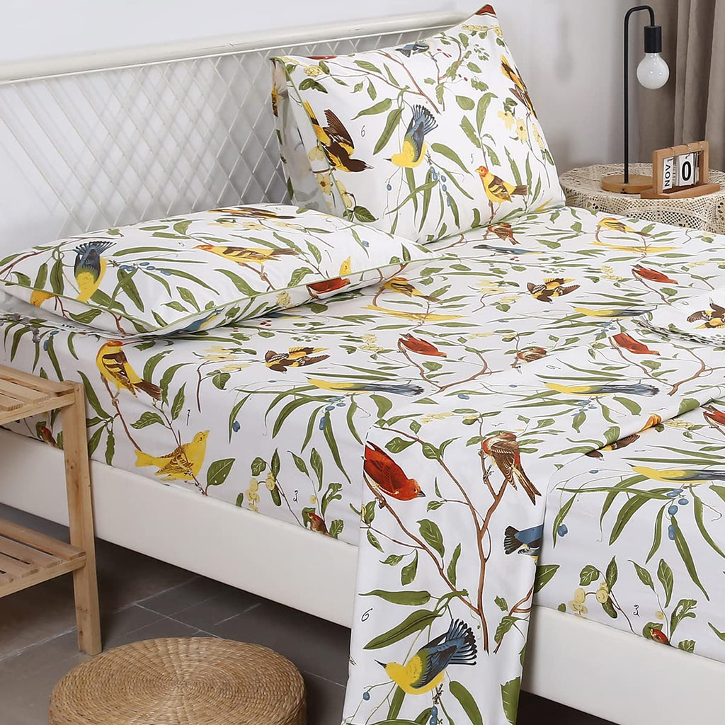 4Pcs Birds Sheets Set for Bed, Farmhouse Green Leaves Pattern, Luxurious Egyptian Percale Cotton Bed Sheet Silky