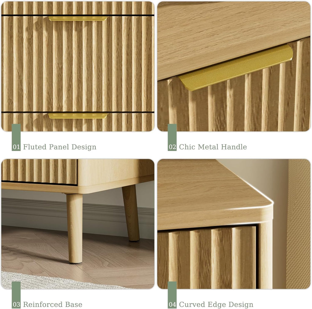55" Wide Fluted Dresser with 6 Drawer, Modern Chest of Drawers with Curved Profile Design and Metal Handles, Wood