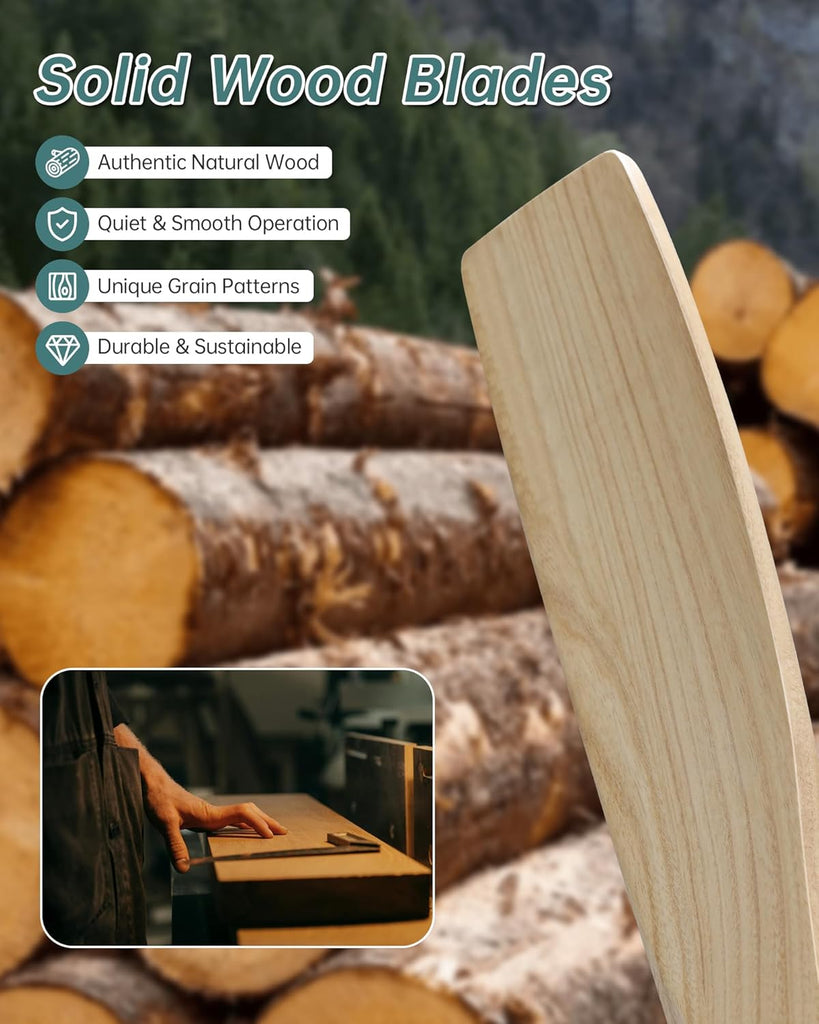 52 Inch Solid Wood Ceiling Fan Without Lights Flush Mount Ceiling Fans with Remote Control