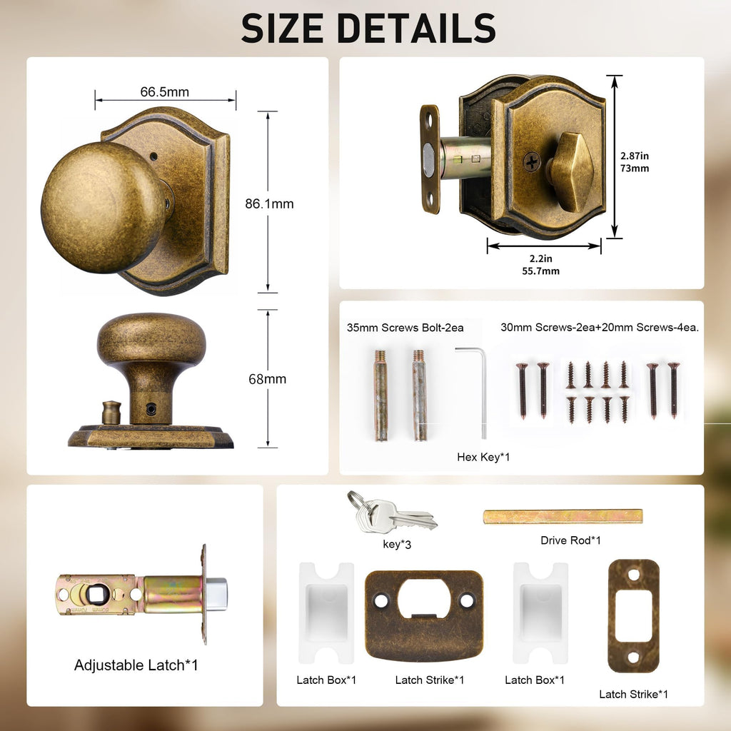 Vintage Antique Brass Door Knobs with Deadbolt Interior, Zinc Alloy