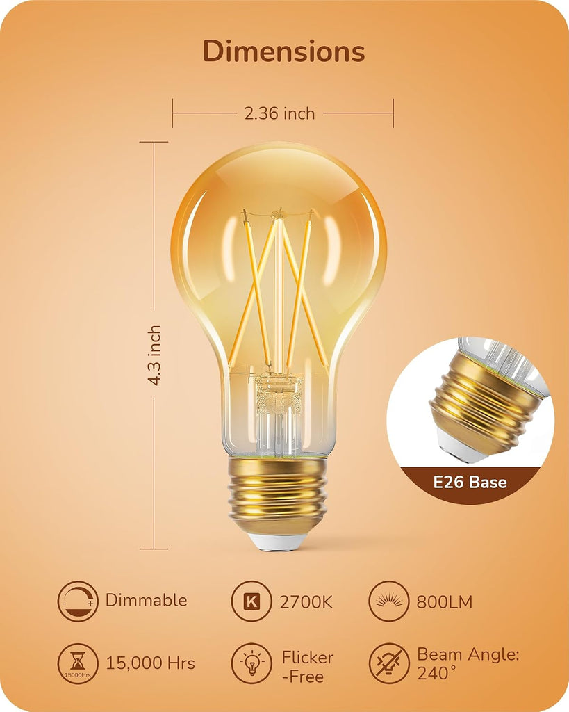 A19 Dimmable Edison LED Bulbs, 700LM 2200K Amber Warm 6-Pack