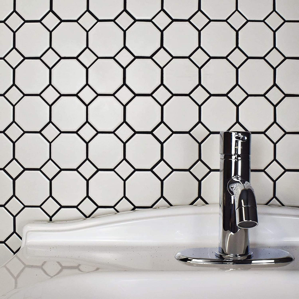 12x12 Matte White Octagon Porcelain Mosaic Tile with Matte White Dots Floor, Kitchen Backsplash, Shower Wall