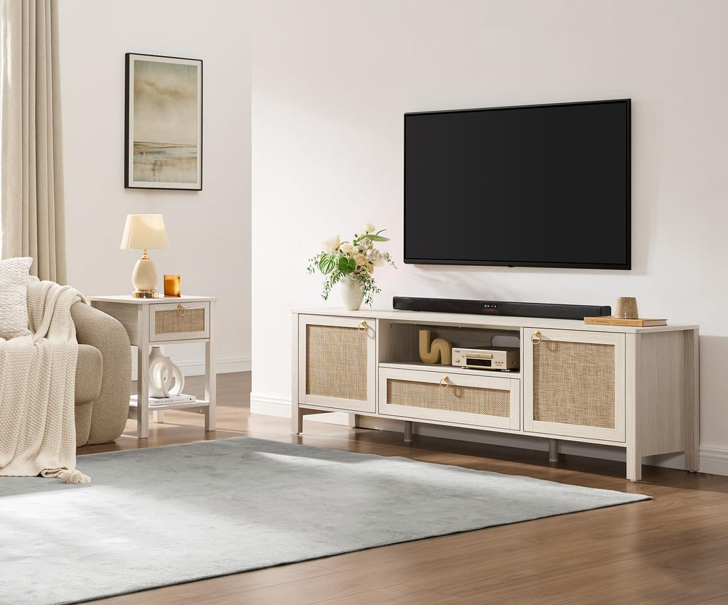 Rattan TV Stand for TVs up to 75 Inch, White Entertainment Center