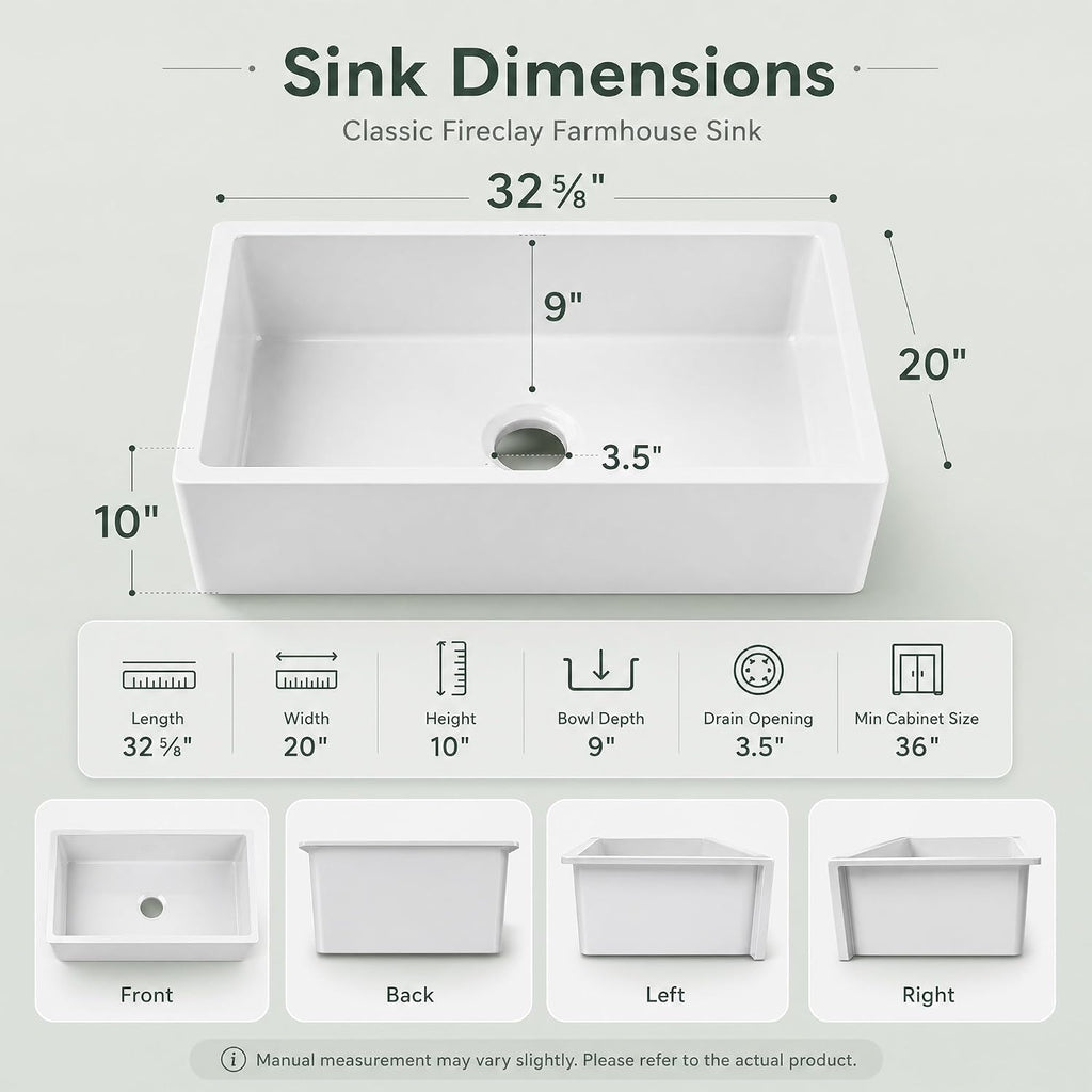 Self Trimming Farmhouse Sink 33 Inch, White Fireclay Kitchen Sink | Tall Apron Front 33"Wx20"Dx10"H , Heavy Duty,Farm