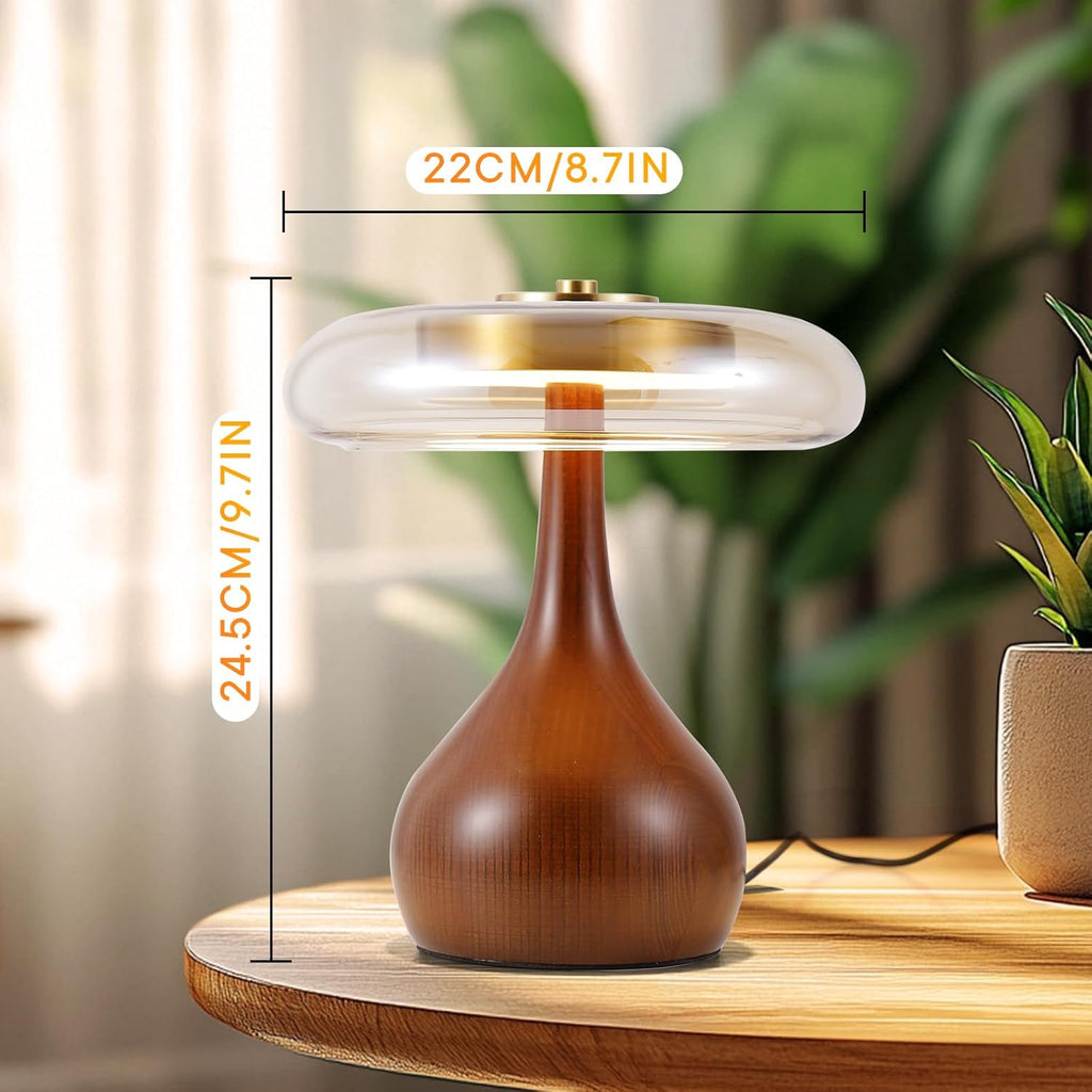 Small Table Lamp-Wooden Base Teardrop Mushroom Table Lamps,Amber Glass Shade