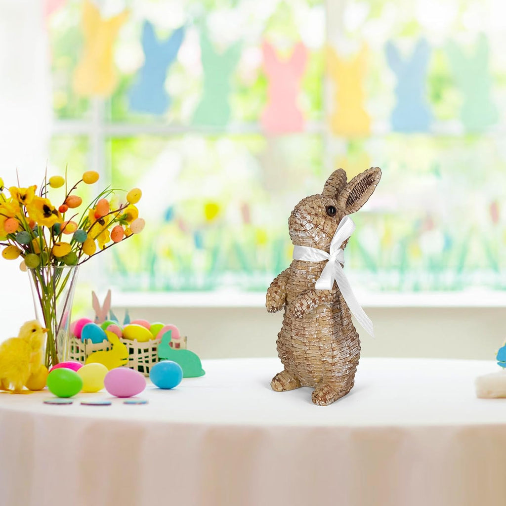 Rattan Effect Resin Bunny Easter Decor,Table Rabbit Easter Decorations,Spring Bunnies Decoration Statue Figurine - Set of 2