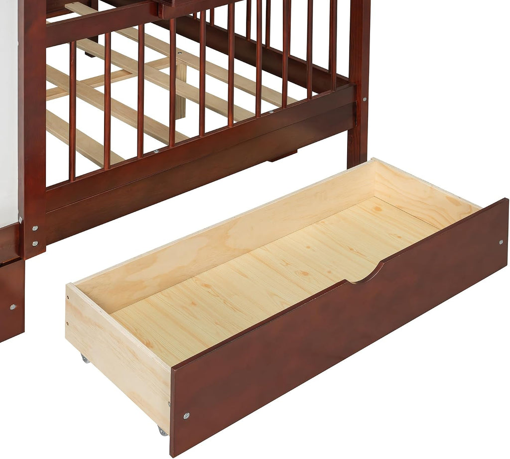House Bed with 2 Large Drawers and Side Bookshelf, Espresso