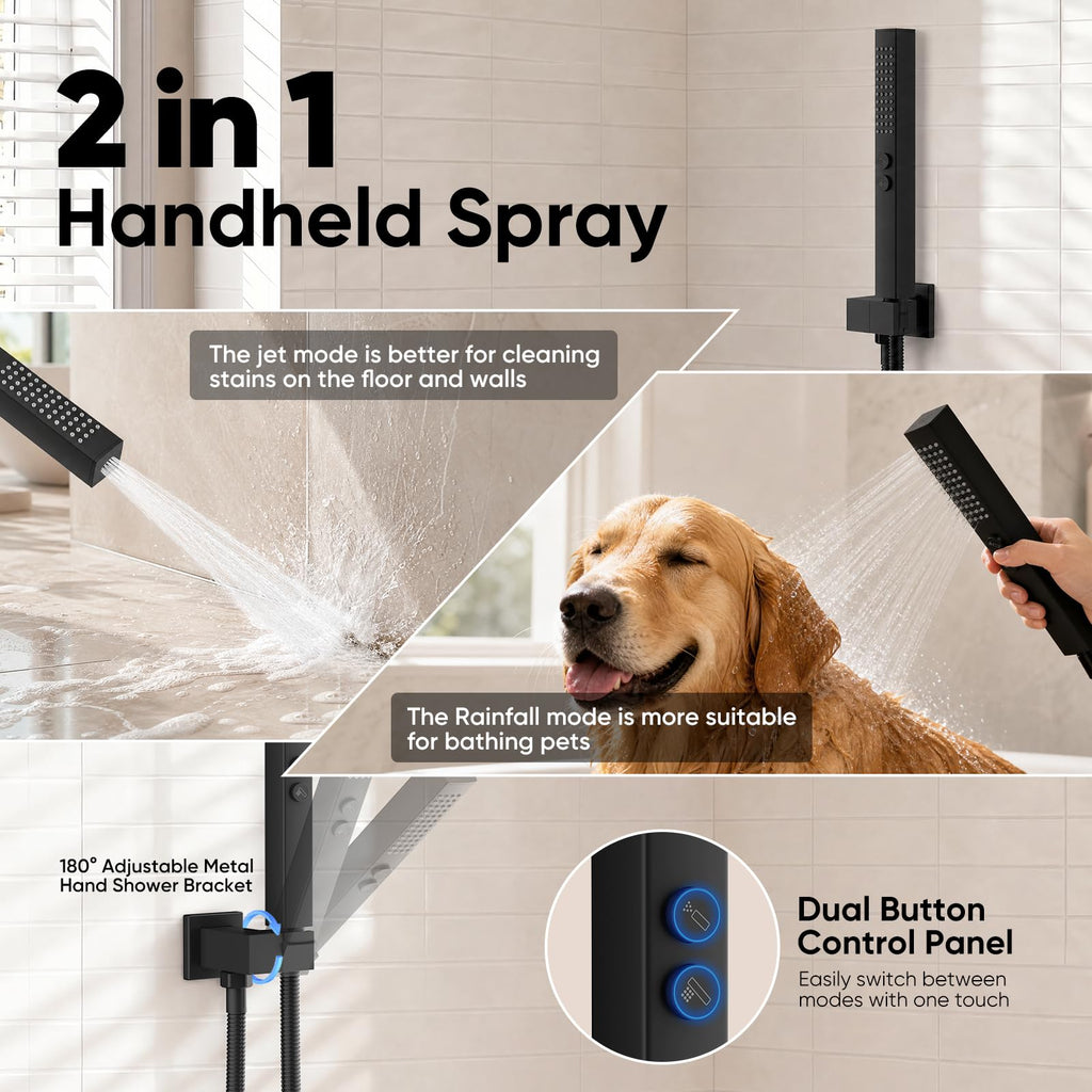 Shower Faucet Set, 10" & 6" Dual Rainfall Shower Heads with Ceiling & Wall Mount, Matte Black Shower System with