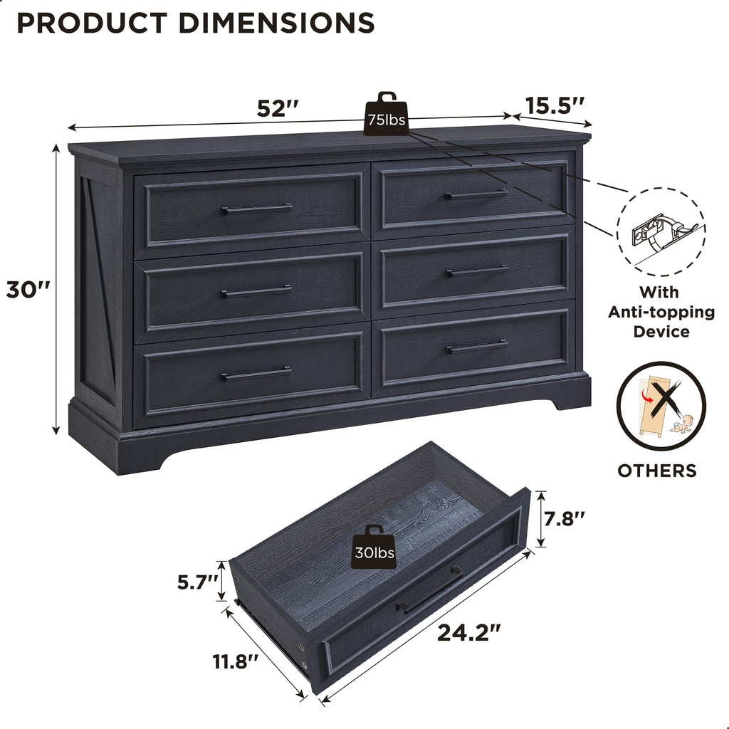 52" Wide Farmhouse 6 Drawer Dresser, Black