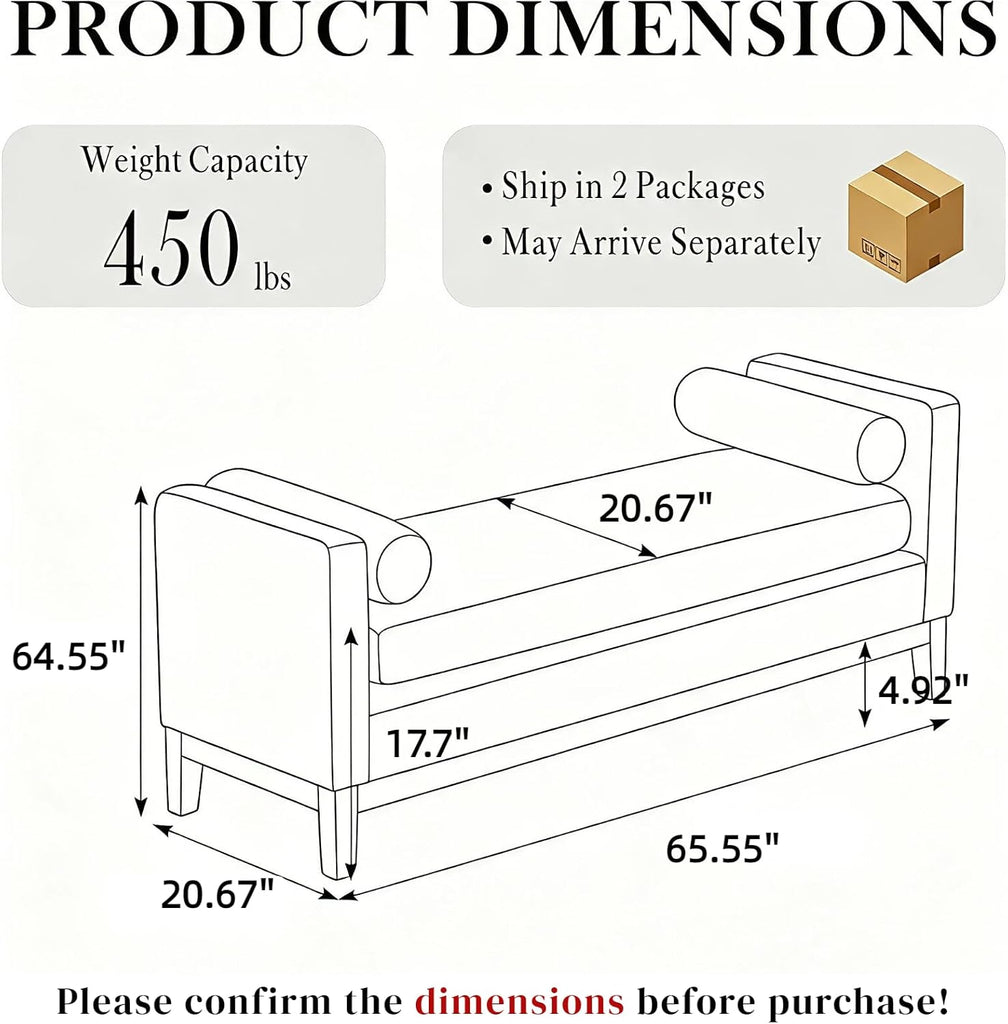 65.55" W End of Bed Bench, King Size Upholstered Bench with Pillows /Entryway/Living Room, Leather, Brown
