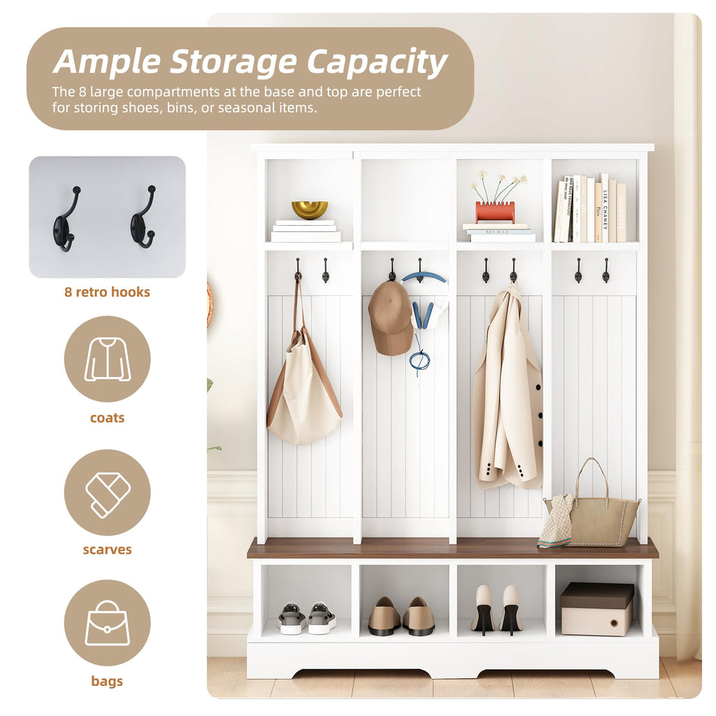 59" W Hall Tree, Farmhouse Entryway Storage and Wood Coat Rack, Entryway Furniture with 8 Hooks, Hall Tree with Bench