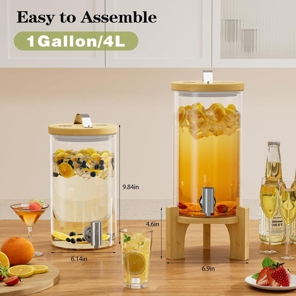 1 Gallon Glass Drink Dispenser For Parties, Beverage Dispenser With Bamboo Wood Stand And Stainless Steel Spigot