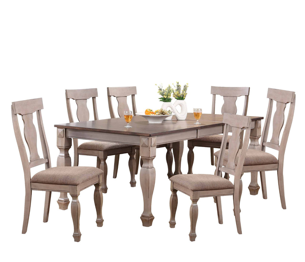 Charisma 7-Piece Dining Room Set - 2-Tone Brown Solid Wood Extendable Table with 18" Butterfly Leaf and 6 Upholstered