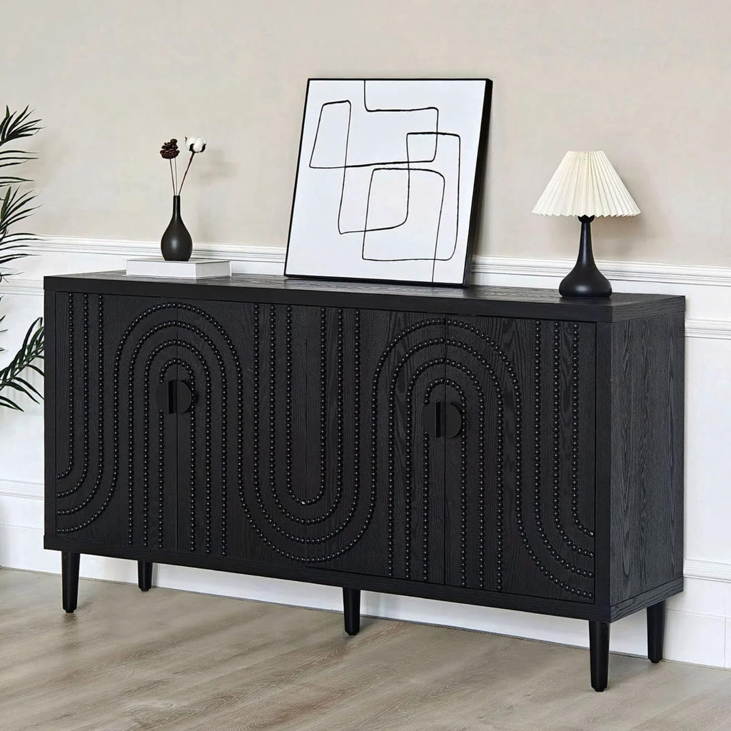 60" Sideboard Buffet Accent Cabinet, Antique Black Entryway Table with Storage Wood Credenzas Home Bar, 4 Doors &