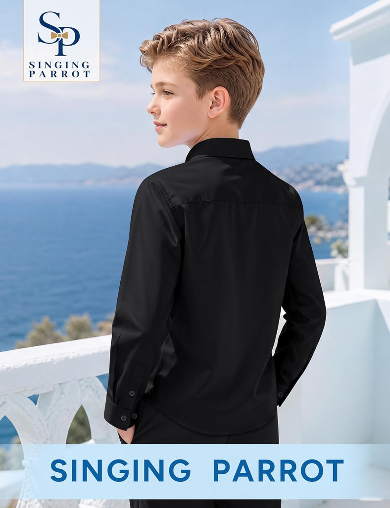 Boys' Long Sleeve Button-Down Dress Shirt with Pre-Tied Tie