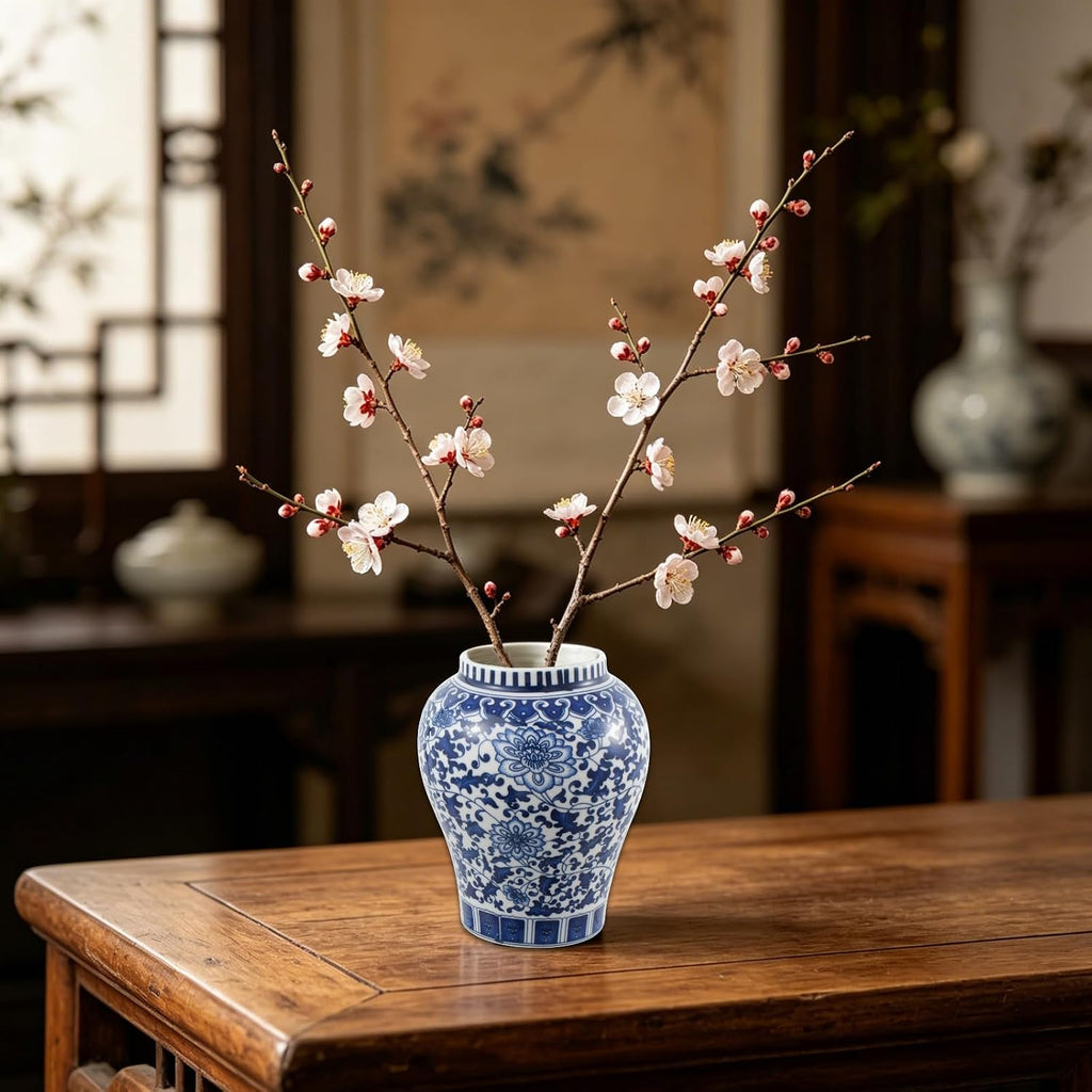 Blue and White Ginger Jar with Lid, 7.87 Inch Ceramic Chinoiserie Ginger Jar, Decorative Porcelain Ginger Vase