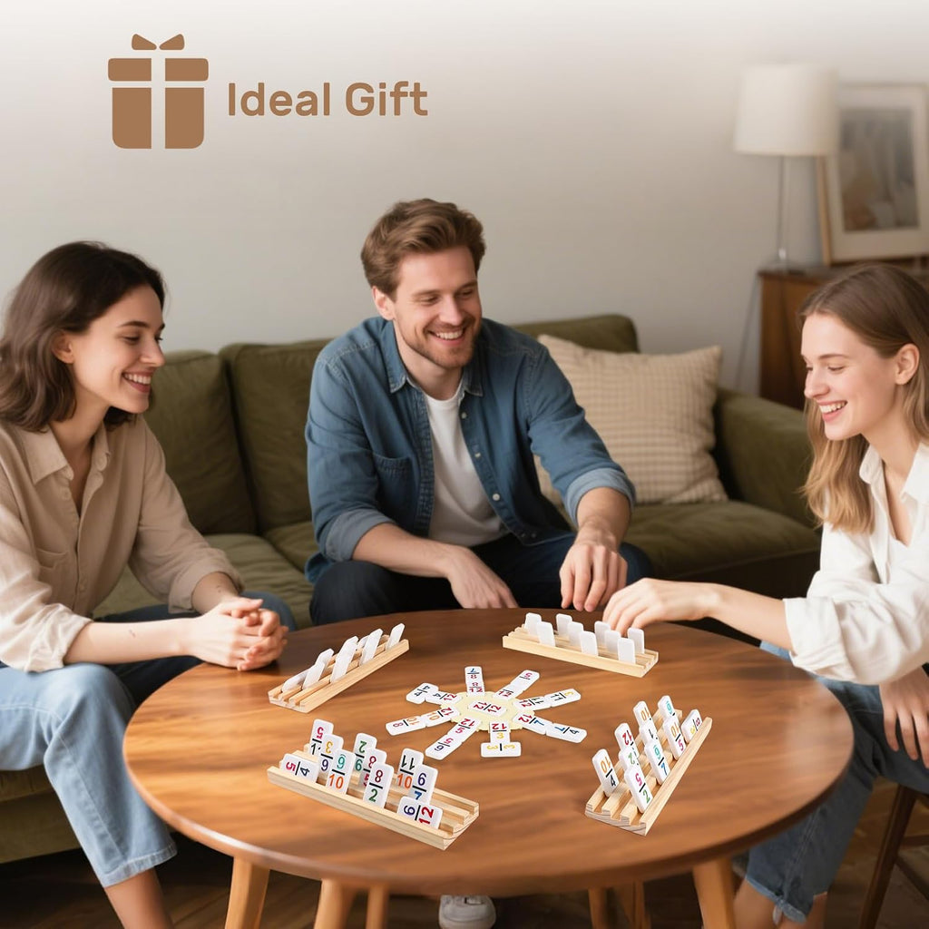 Mexican Train Dominoes Set with Numbers and 4 Wooden Trays/Racks, Double 12 Dominos Travel Set with 4 Tiles Holders