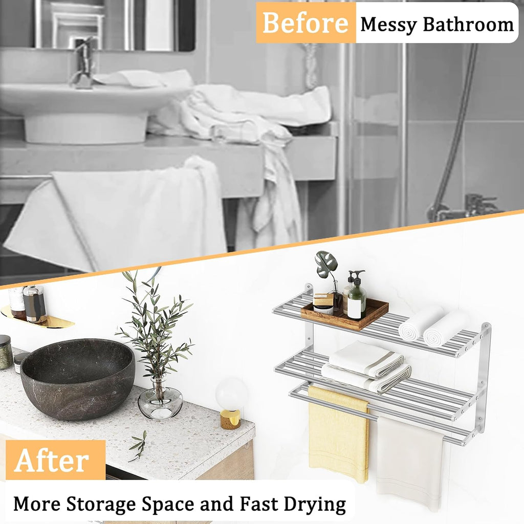 3 Tier Towel Racks Wall Mounted, 24 inch Bathroom Shelf with Towel Bar, Brushed Nickel Shelves for Towels, Stainless