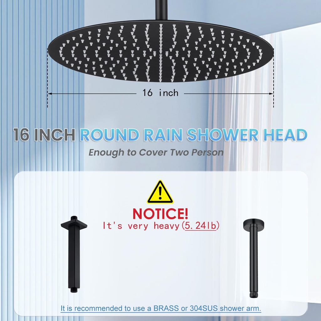 16 inch Matte Black Round Ceiling Rainfall Shower Head, All Metal Stainless Steel 304, Full Body Rainfall Shower with
