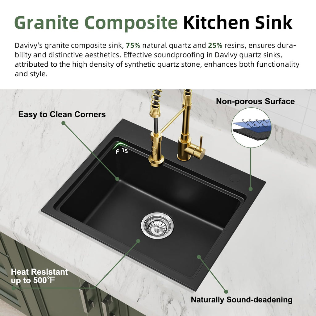 22 Inch Granite Kitchen Sink Workstation, 22 x 19 Black Drop In/Undermount Kitchen Sink, Deep Quartz Composite Single