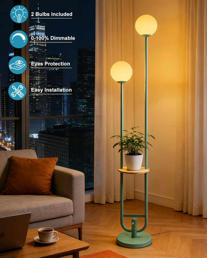 63IN Green Floor Lamp 2 Globe Mid Century Standing Lamps with Bulbs Included Unique Vintage Dimmable Tall Floor Lamp