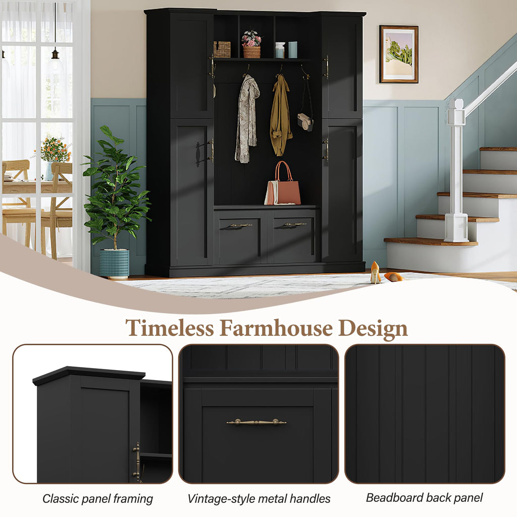 Farmhouse Elegant Hall Tree with Bench, 4 Side Cabinets, Adjustable Shelves & Open Cubbies, Beadboard Entryway Bench