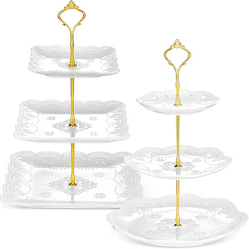 Tier Porcelain Cupcake Stand Round and Square White Ceramic Cake Stand 3 Tier Serving Tray Tiered Dessert - Set of 2