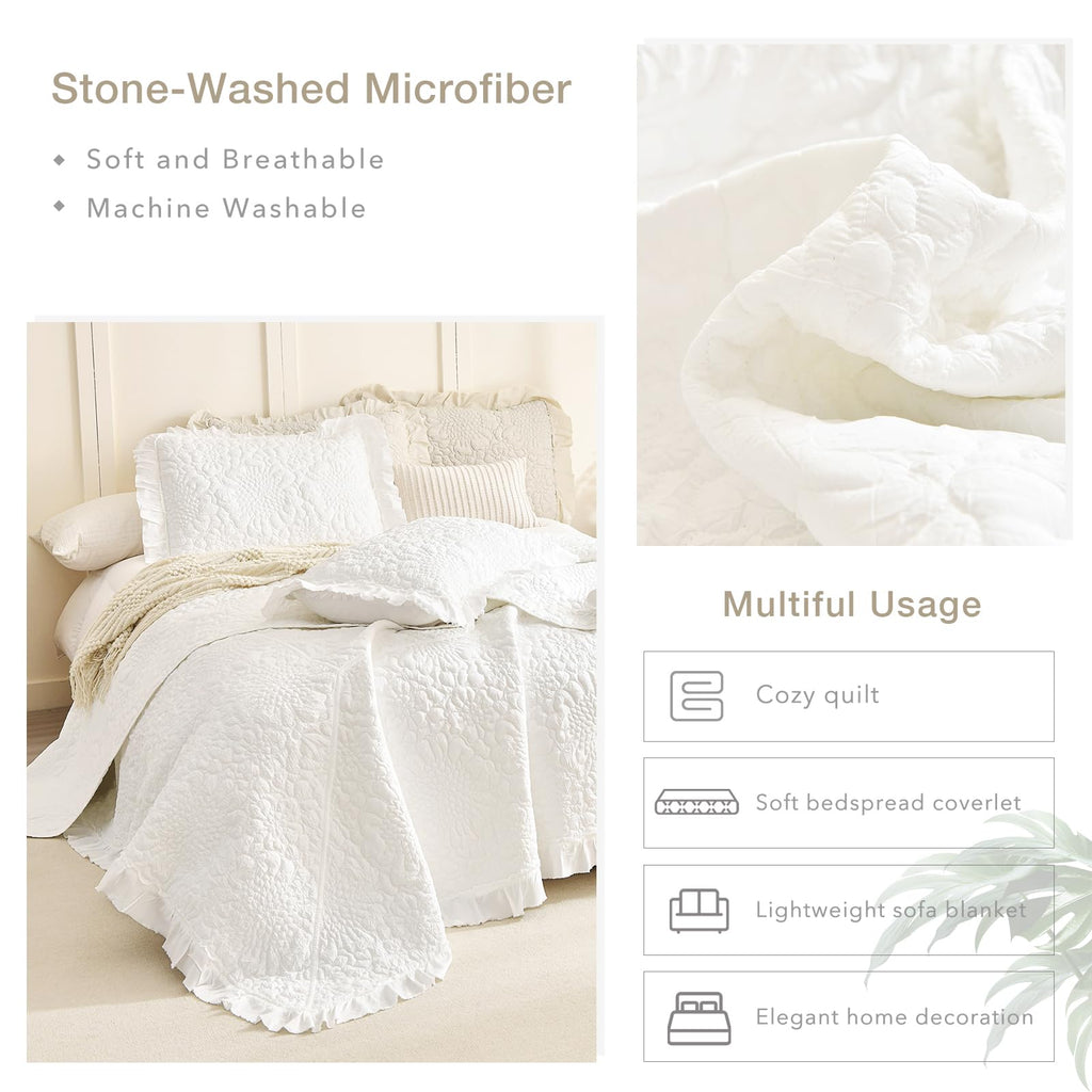 Ruffled Oversized Quilt Bedding Set(102"x118"), White Lightweight Crinkled Bedspread Oversized
