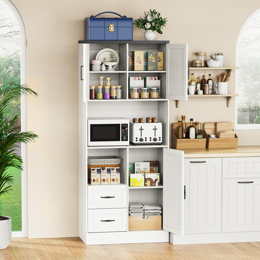 Farmhouse Kitchen Pantry Cabinet with LED Lights and Power Strip, Tall Kitchen Storage Cabinet, Kitchen Hutch with