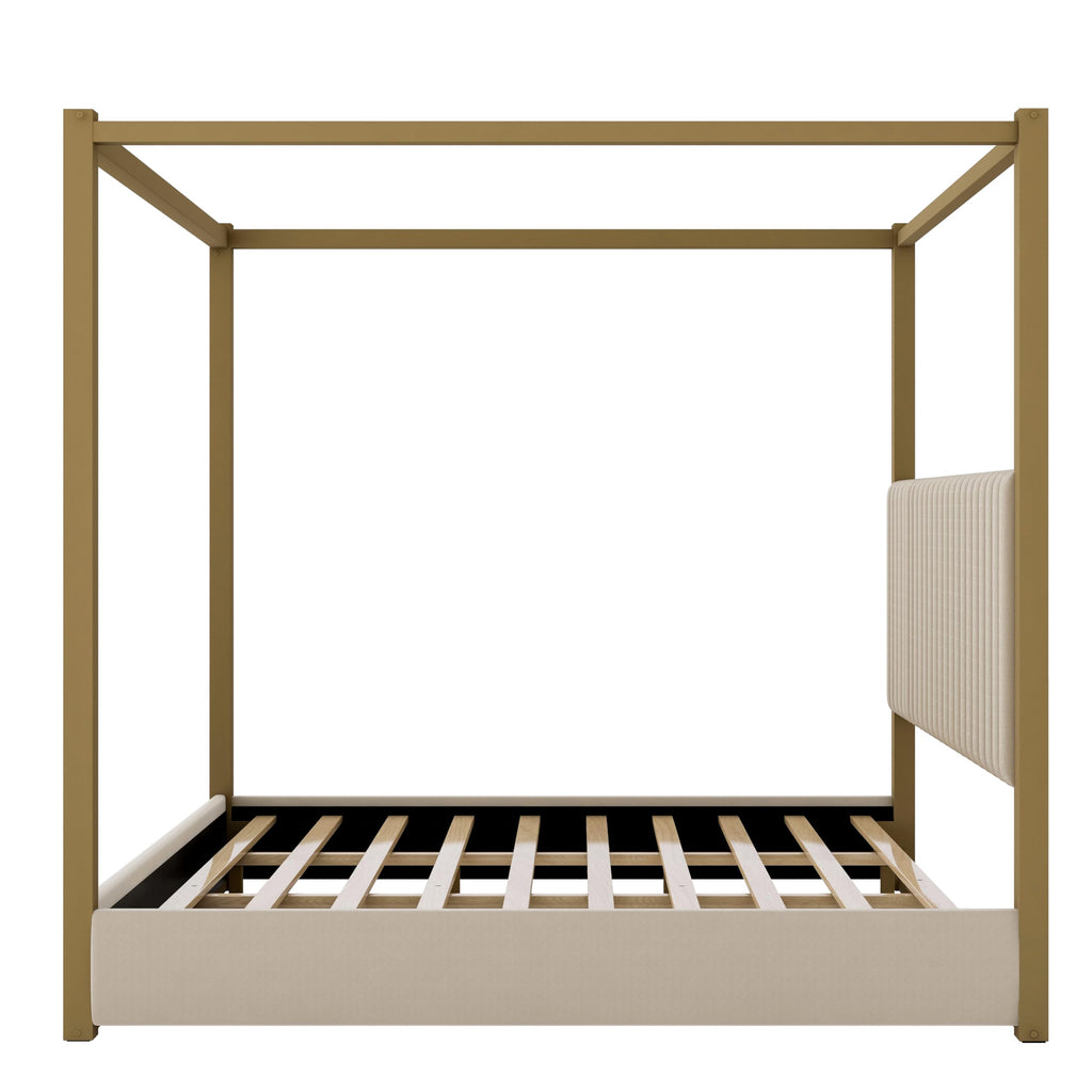 Modern 4-Poster Canopy Platform Bed King Size with Channel Upholstery Tufted Headboard, Gold Metal Canopied Design