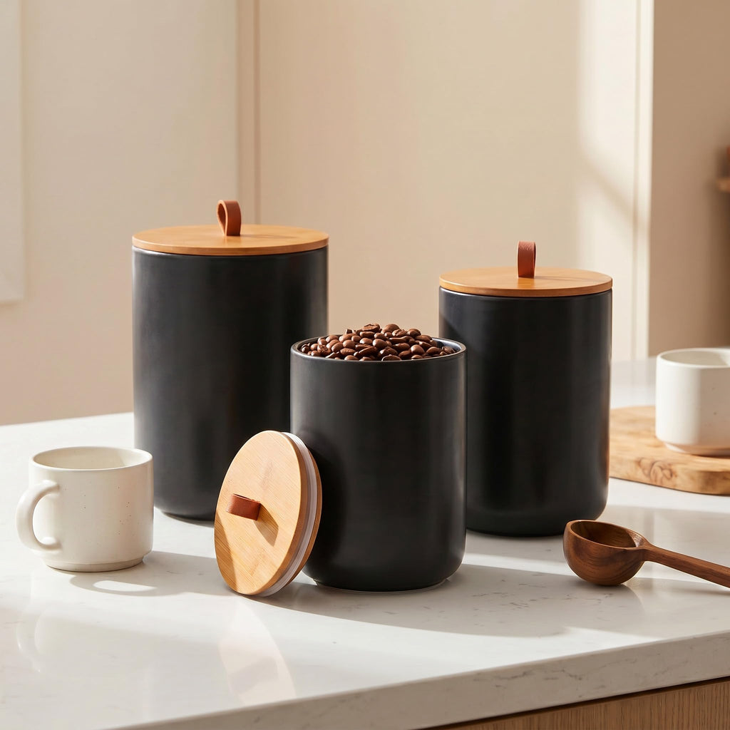 Black Ceramic Food Storage Canister Set (30 oz, 48 oz, 82 oz) with Bamboo Lids, 3-Piece Airtight Jars for Flour