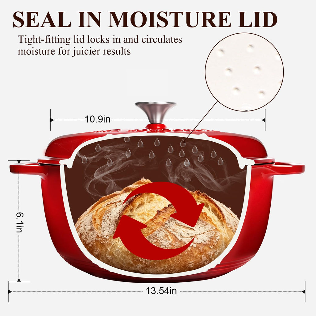Enameled Cast Iron Dutch Oven - 6QT Pot with Lid & Cotton Potholders - Oven Safe Enamel Cookware for Bread Baking