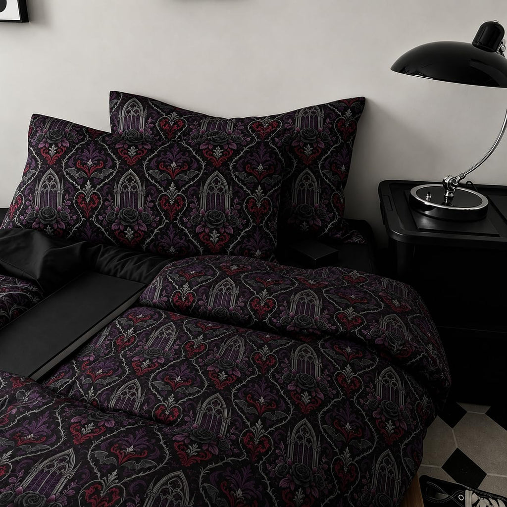 Victorian Gothic Comforter Set King, Black Rose Bedding