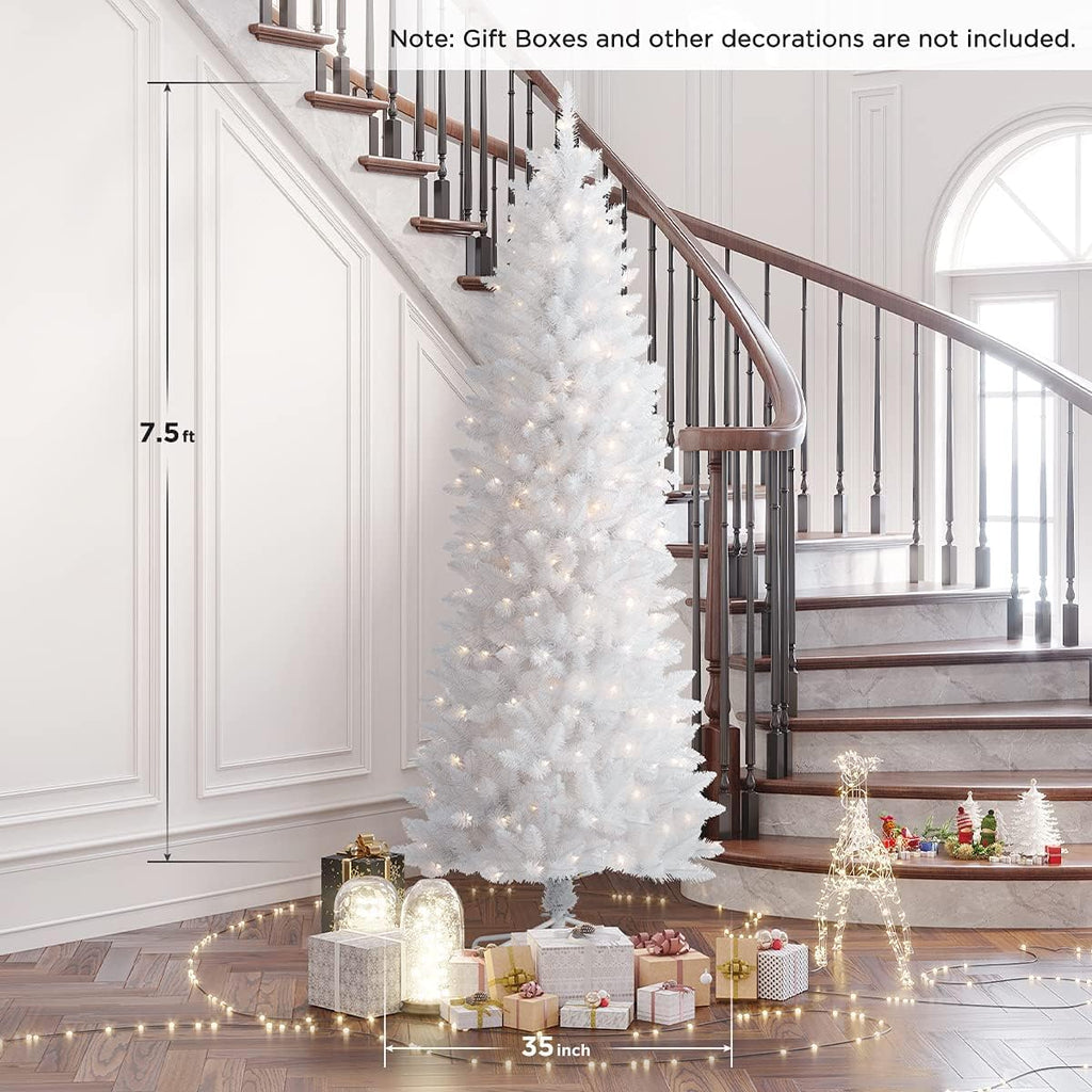 7.5ft White Christmas Tree, Fraser Fir Pencil Artificial Slim Trees Holiday Decor Prelit 350 Warm Lights 904 PVC