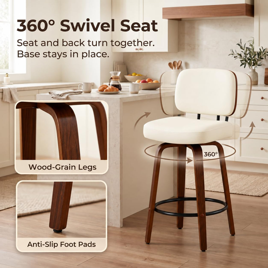 Counter Height Bar Stools Set of 3, 26+inch Swivel Faux Leather Barstool with Back, Upholstered Mid-Century Modern